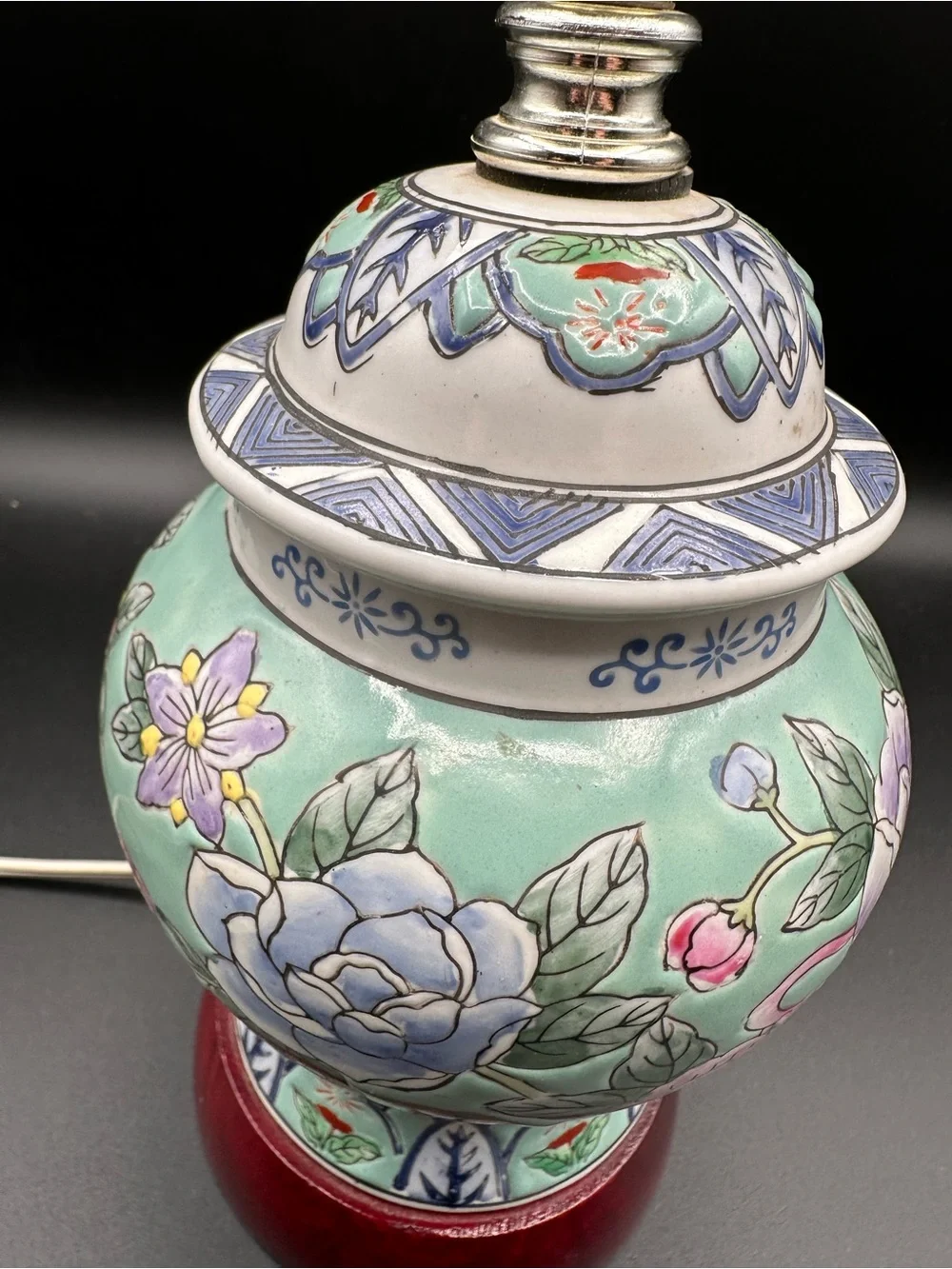 Vintage Chinese Porcelain Ginger Jar Mini Lamp – Celadon Peony Floral, Wood Base
